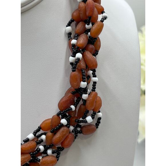 Vintage‎ Orange Black White Beads Twisted Multi-strand Bumpy Beaded Necklace - Picture 7 of 7